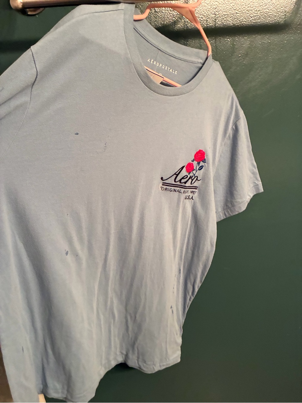NWT Aeropostale Men's Light Blue Graphic Tee with Rose Embroidery